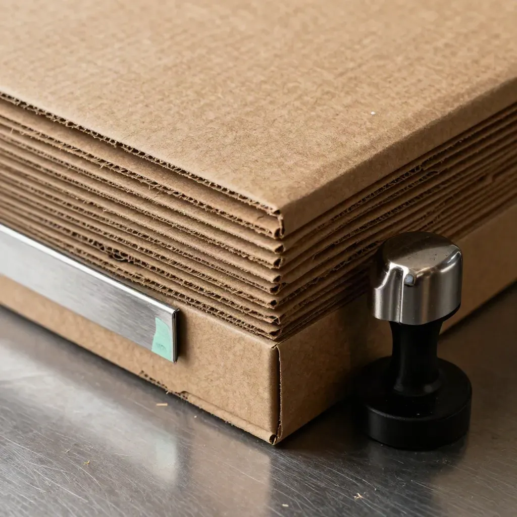 Macro packaging materials: kraft board corners, stamp base, and steel clip on brushed metal.