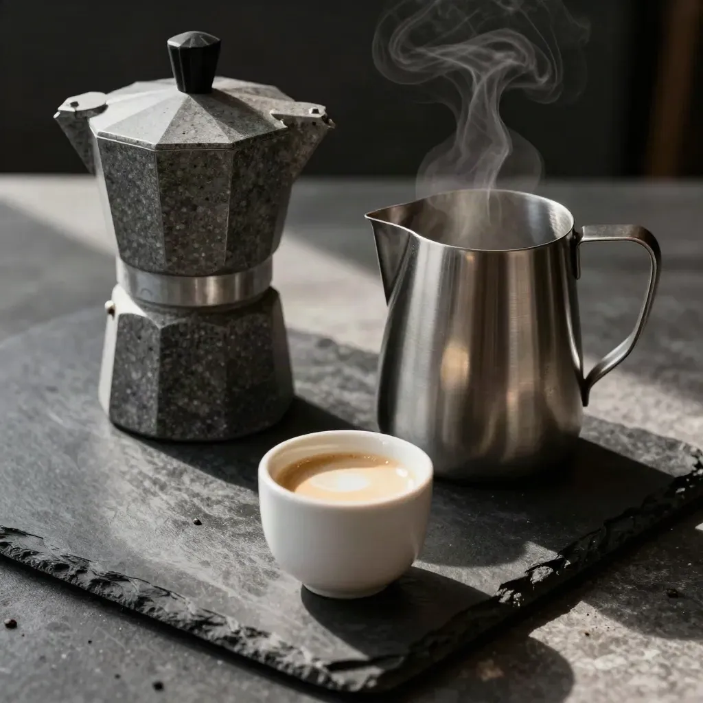 Café tamper, milk jug, and tasting cups with steam on dark slate