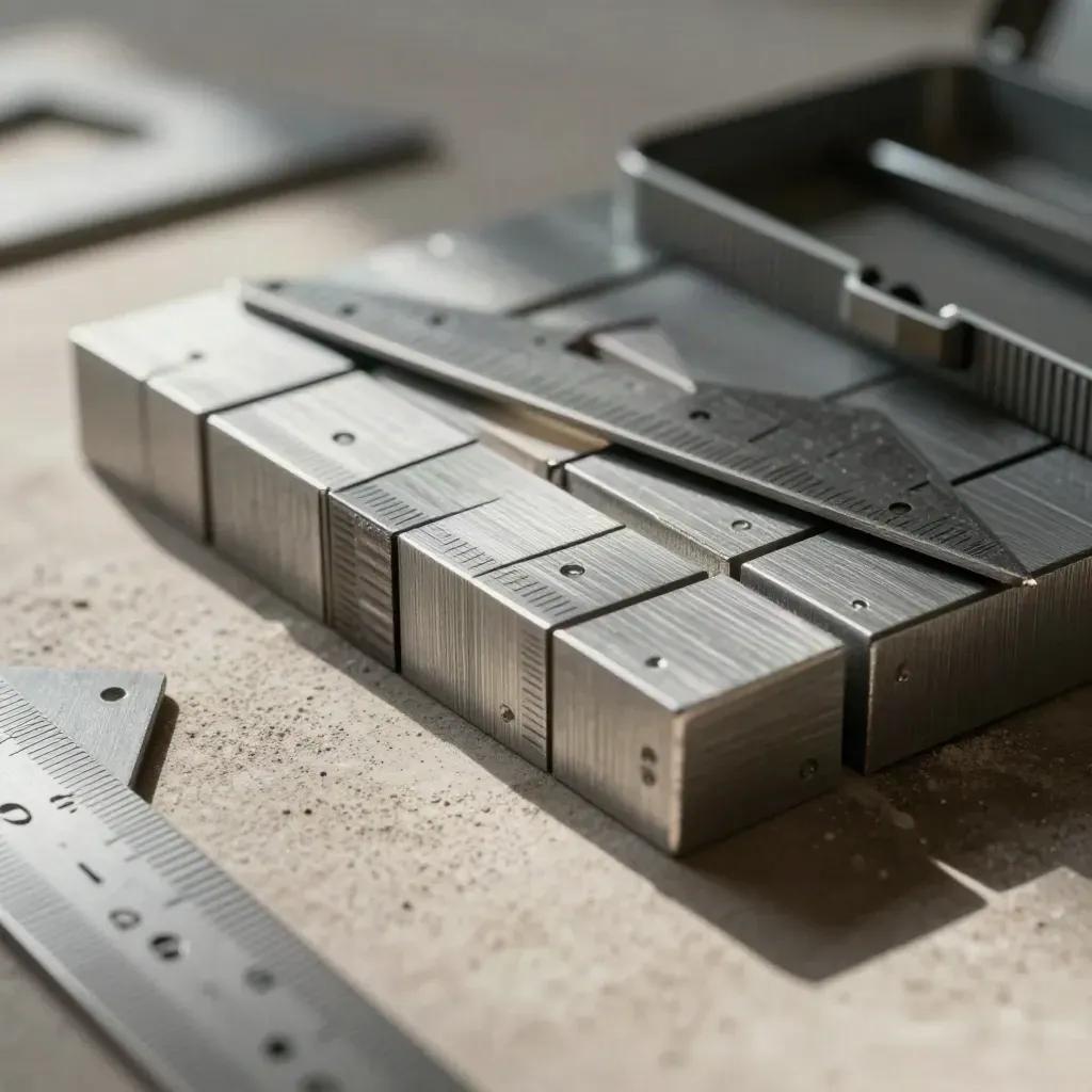 Architecture scale models, drafting triangle and metal case on pale stone in macro detail
