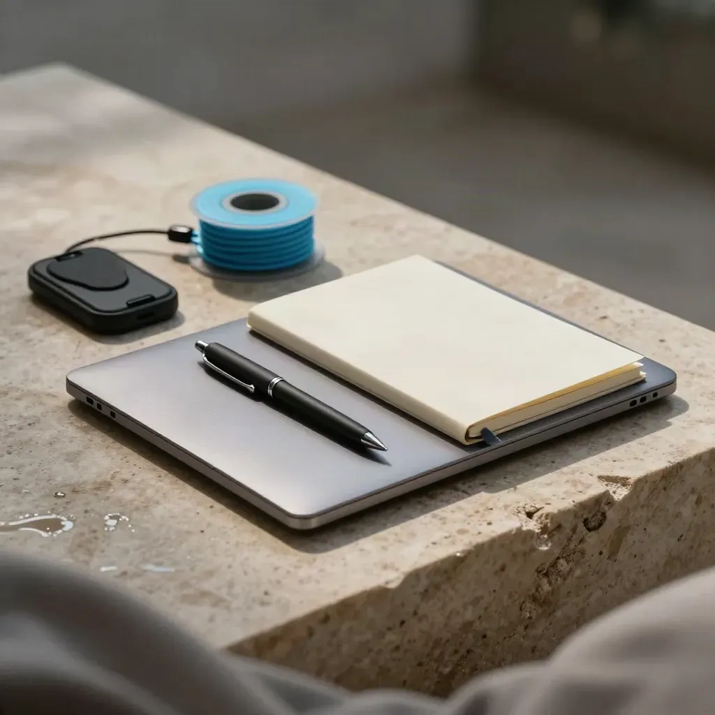 Closed laptop, notebook, pen, phone dock and cable spool on rain-damp limestone in soft dawn light