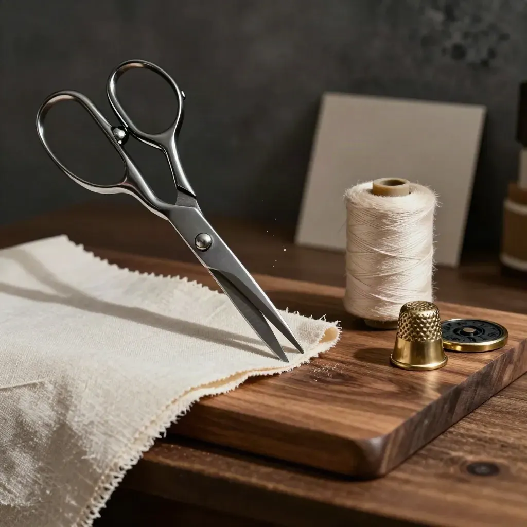 Tailor’s shears, thread spool and thimble on warm wood with dramatic studio light