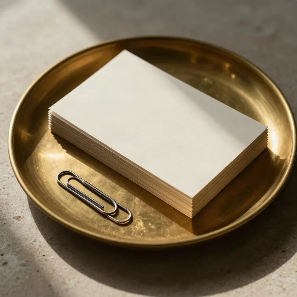 Brass in-tray with blank cards and steel clips on pale stone, caught mid-slide.