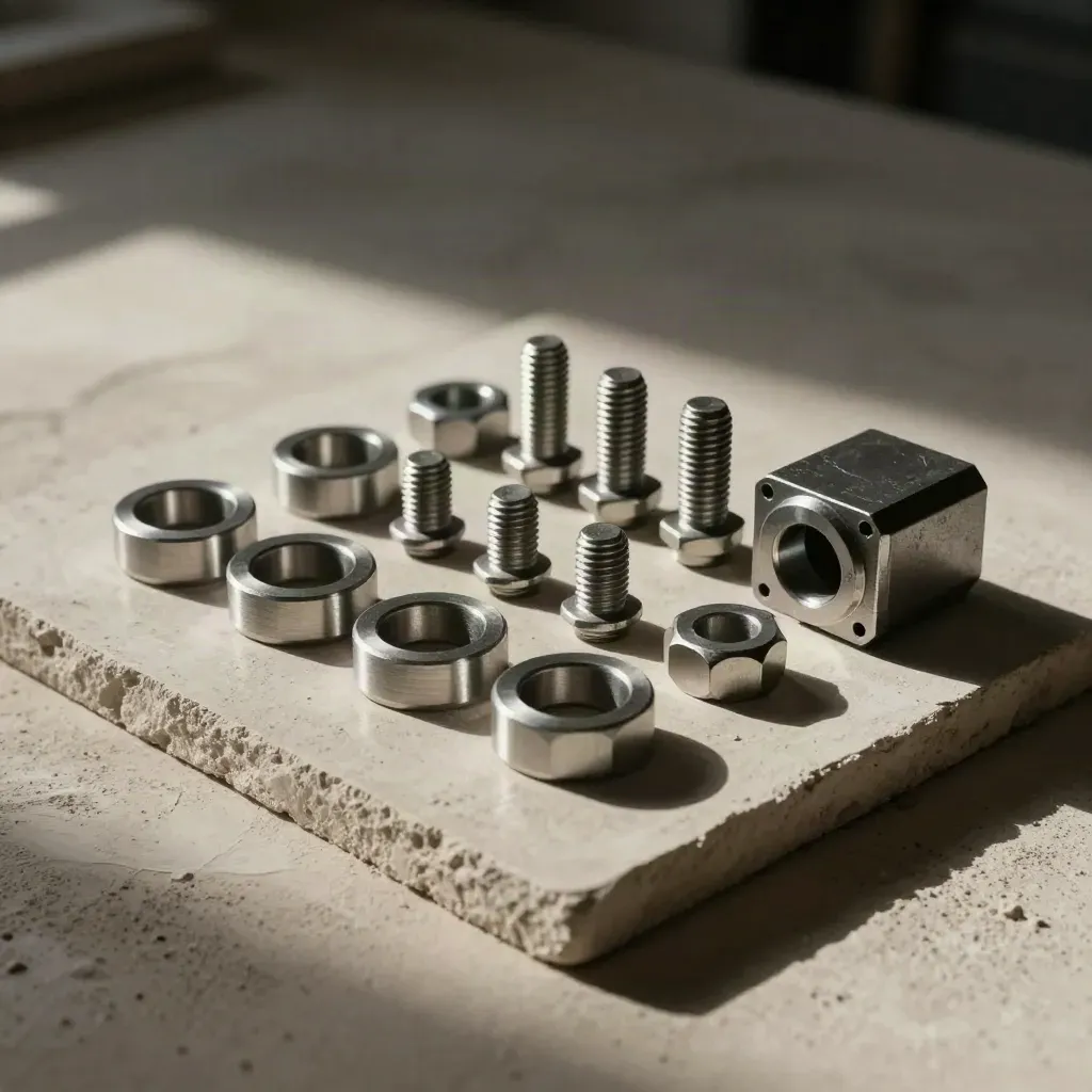 Industrial hardware arranged on plaster with dramatic side light.