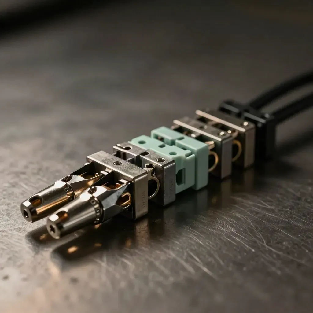 Terminal blocks and ferrules arranged on brushed metal in dramatic studio light.