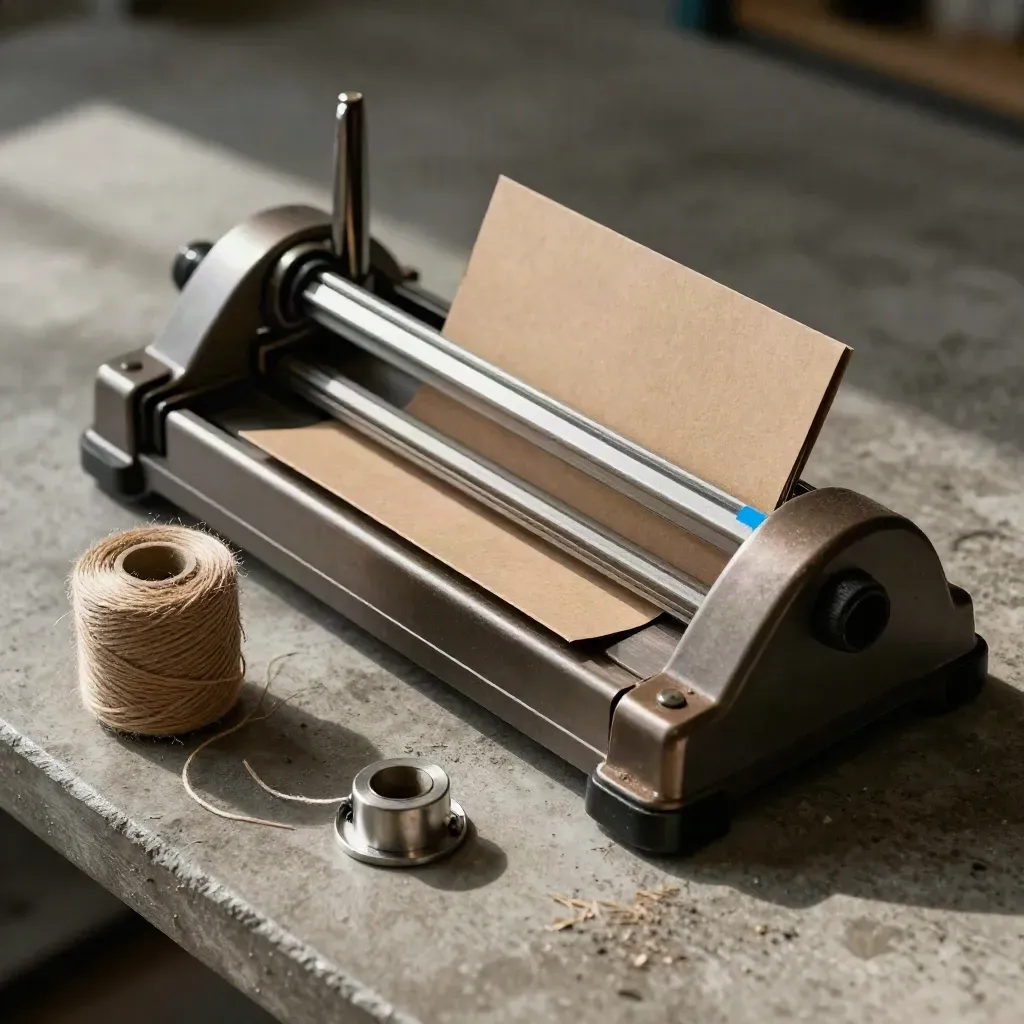 Macro parcel cutter, twine spool and kraft guards on concrete with cool light.