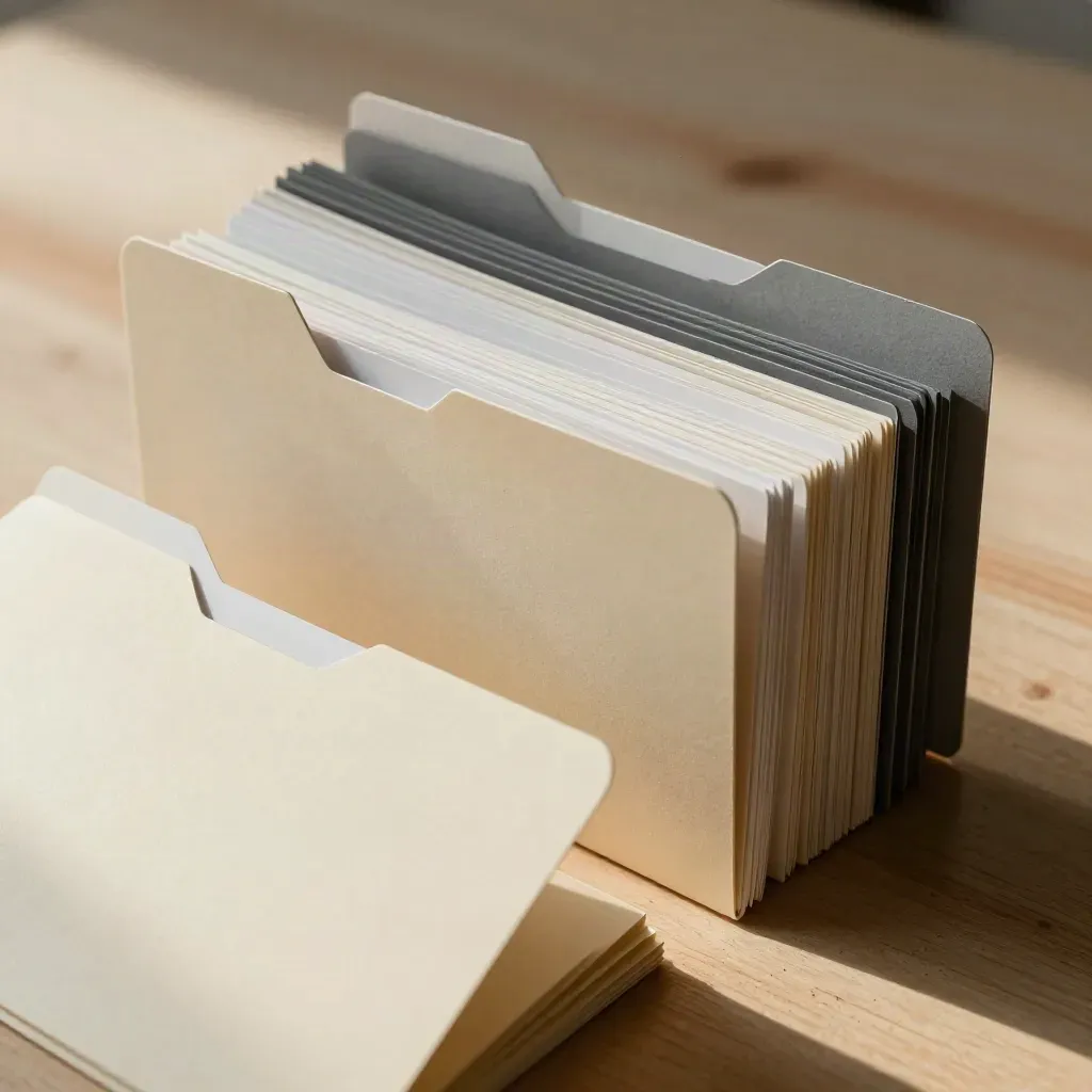 Top-down still life of blank folders, divider cards, and punched tabs on pale wood