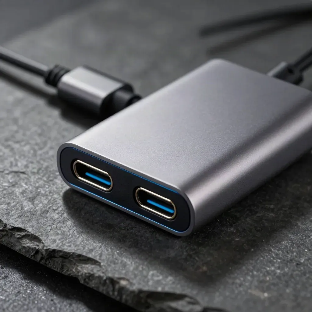 Macro of USB-C connectors and a dock puck joined on charcoal stone.