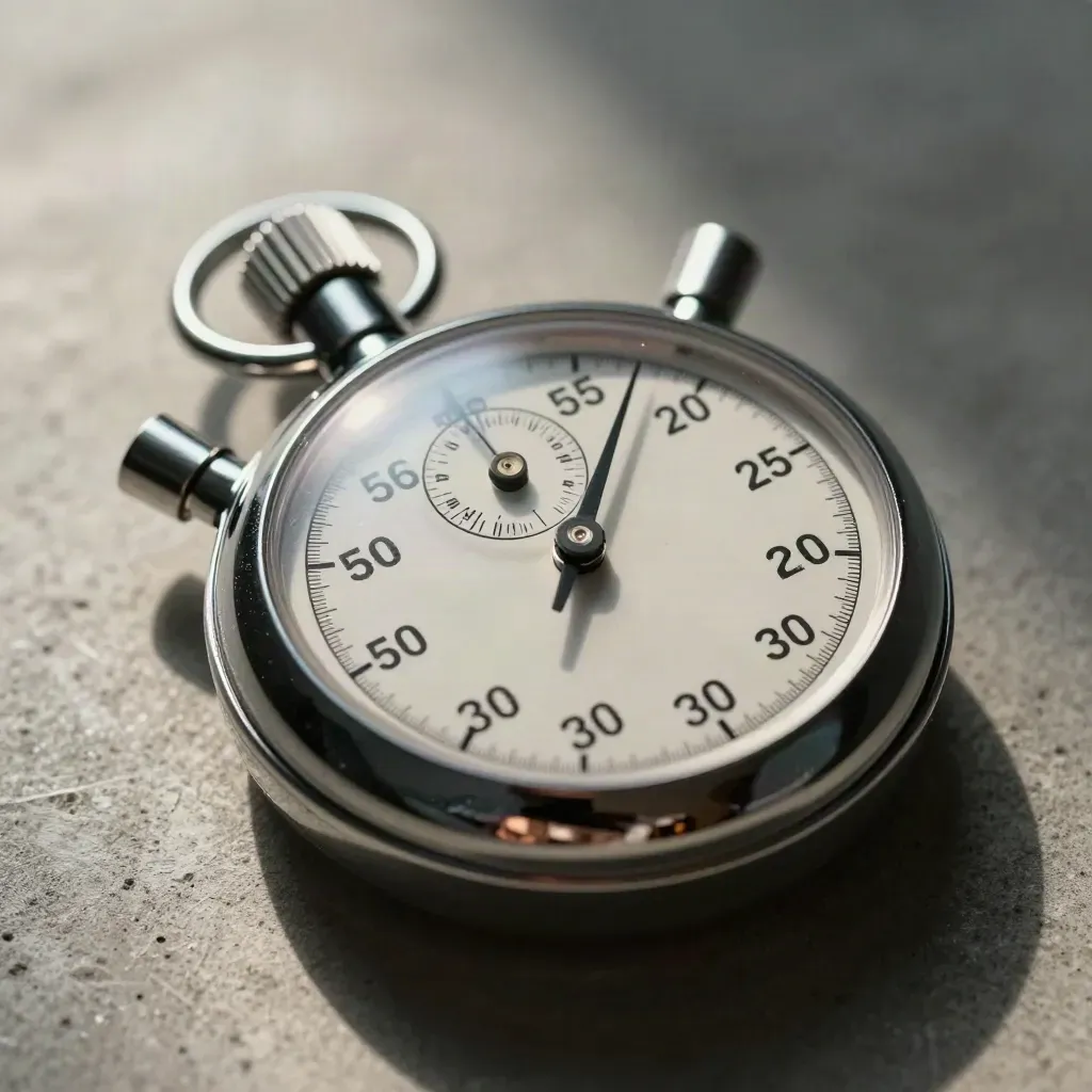 Chrome stopwatch, tally counter and wheel on pale concrete, caught mid-click.