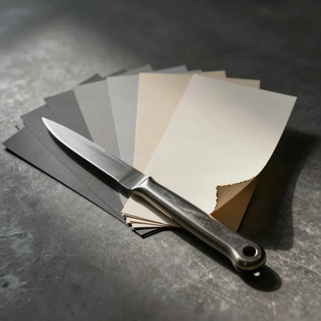 Craft knife, paper swatches and a folded cutting mat on brushed metal in dramatic side light.