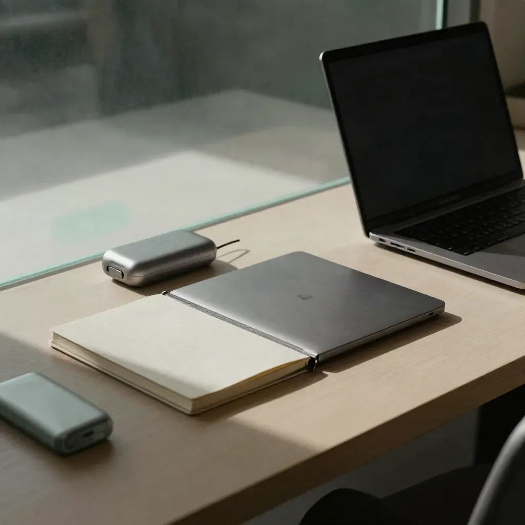 Founder desk kit with laptop, earbuds, notebook and power bank by glass partition.