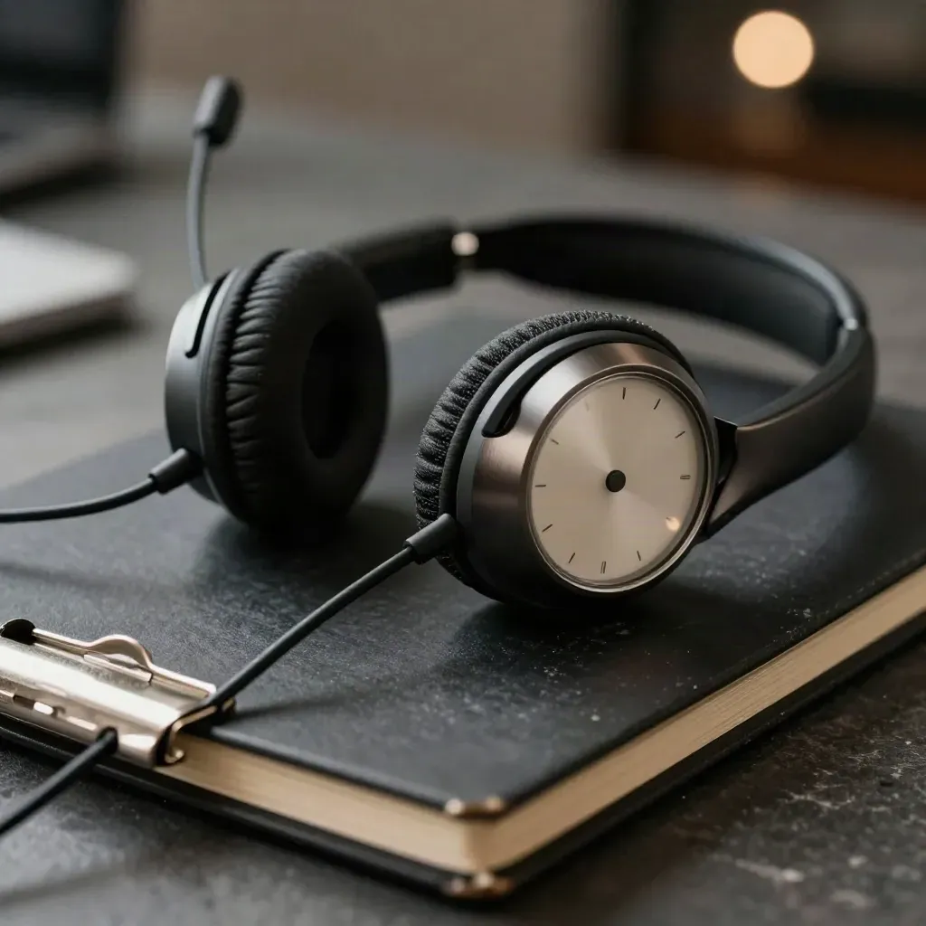 Wireless headset, call timer, and notebook clip on dark stone under raking light.