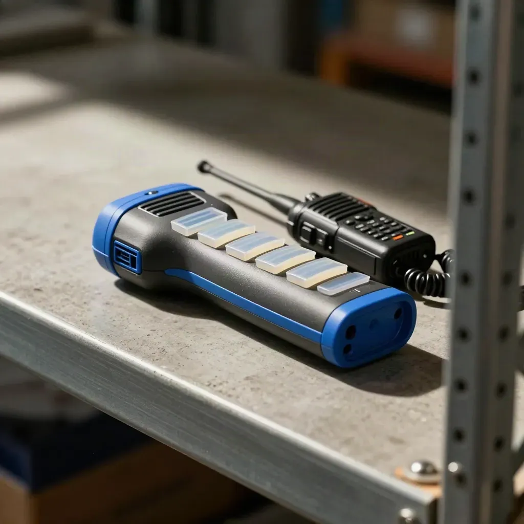 Warehouse ops kit with scanner, seals, radio and cable ties on a dusty ledge, shot through shelving.