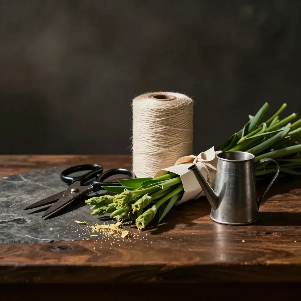 Steel florist shears, twine, cutters and a sprayer on dark stone with shadowed stems.