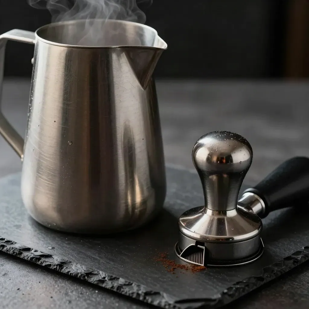 Macro still life of espresso tamper, milk jug, and tamping mat on slate with steam