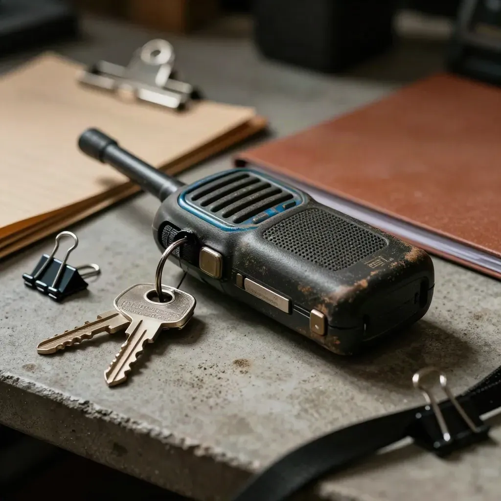 Warehouse radio, key ring and clip-sealed folder on concrete in dramatic macro light.