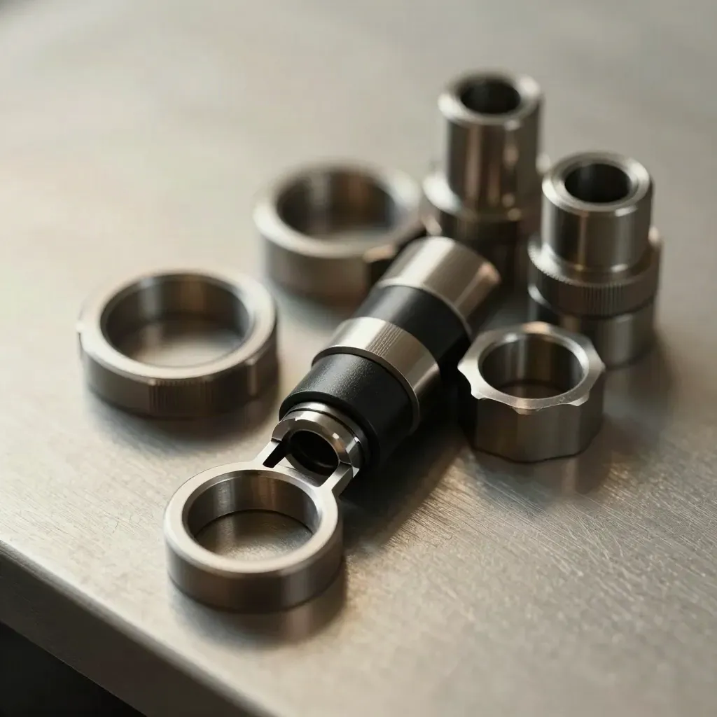 Macro flat lay of linked rings and couplers on brushed metal, lit like a premium SaaS integration still life.