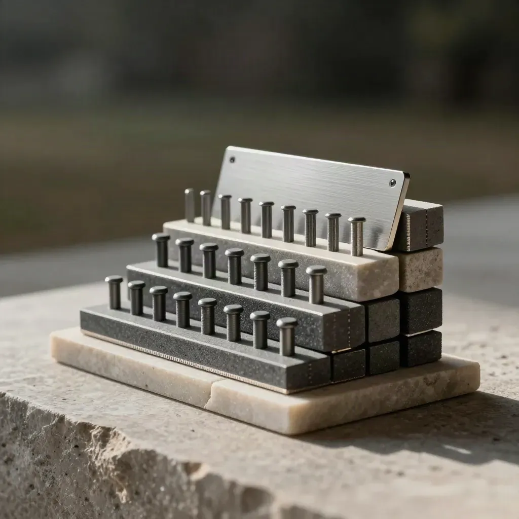 Graphite modular blocks and magnetic connectors on pale stone in dramatic studio light.