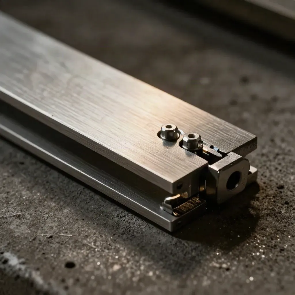Macro of aluminium plates, a clamp, and hex spacers on charcoal concrete.