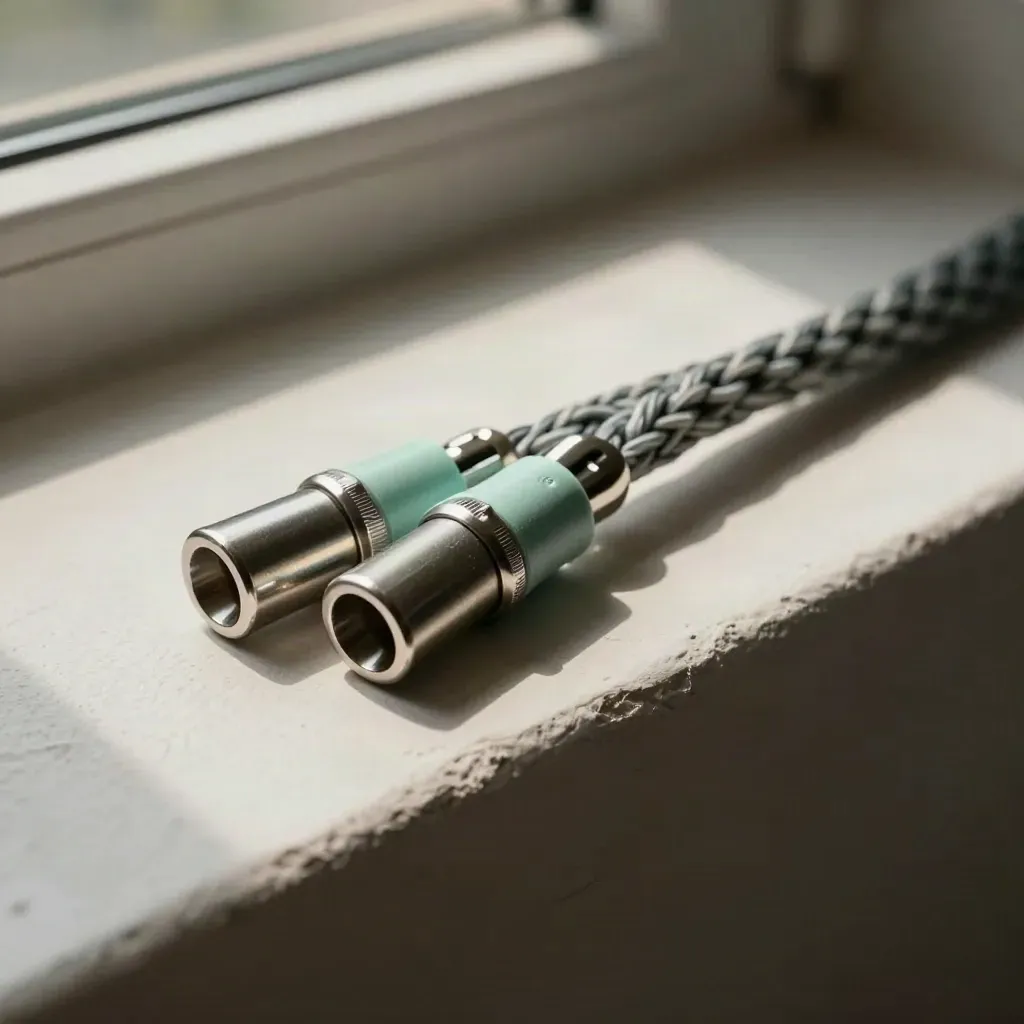 Top-down braided cable ends with polished couplers on pale plaster, mint accent, soft daylight.