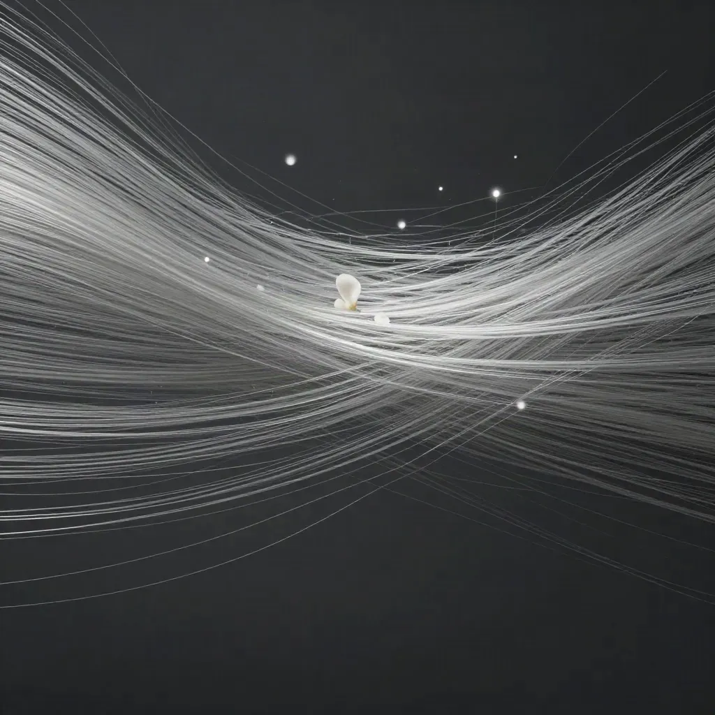 Silver filaments converge into a soft white bloom in dark graphite haze.