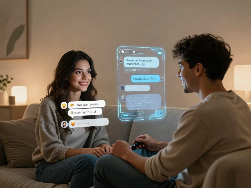 Engaging AI sex chat between avatars in a cozy digital environment.